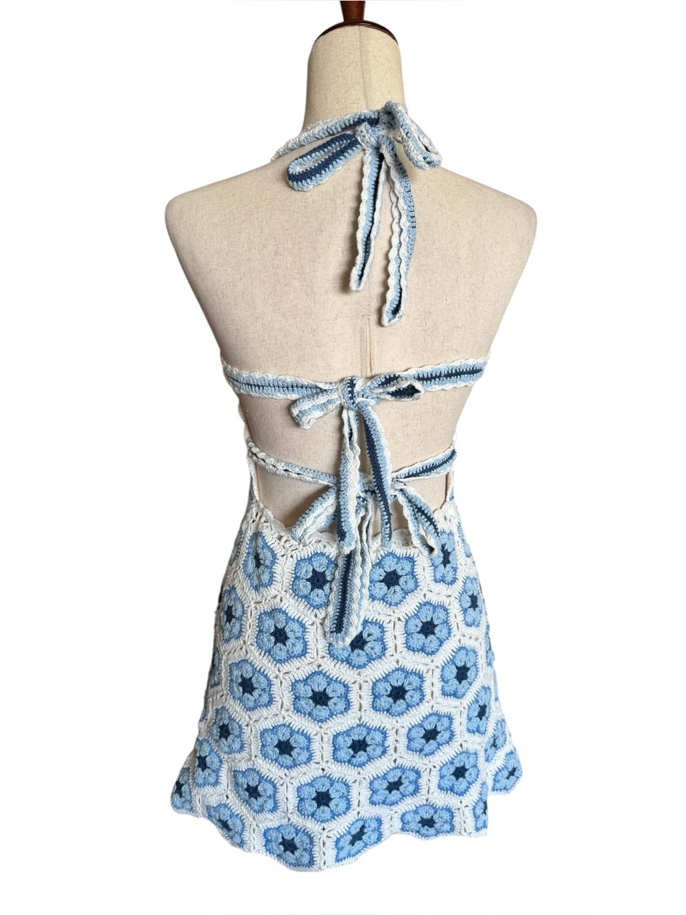 Show Me Your MuMu Happy Halter Blue & White Crochet Halter Mini Dress - Picture 4 of 9